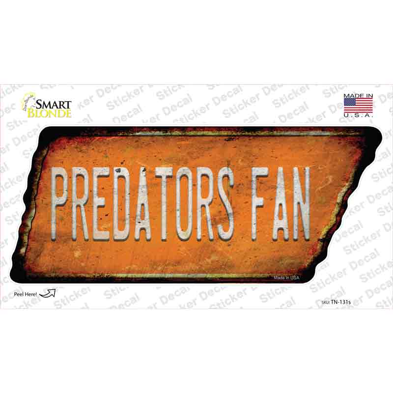 TN-131s-M Predators Fan Novelty Rusty Tennessee Shape Sticker Decal, Medium