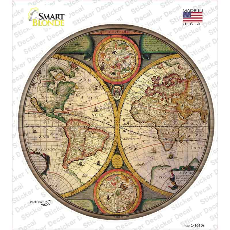 C-1610s-M World Hemispheres Map Novelty Circle Sticker Decal, Medium