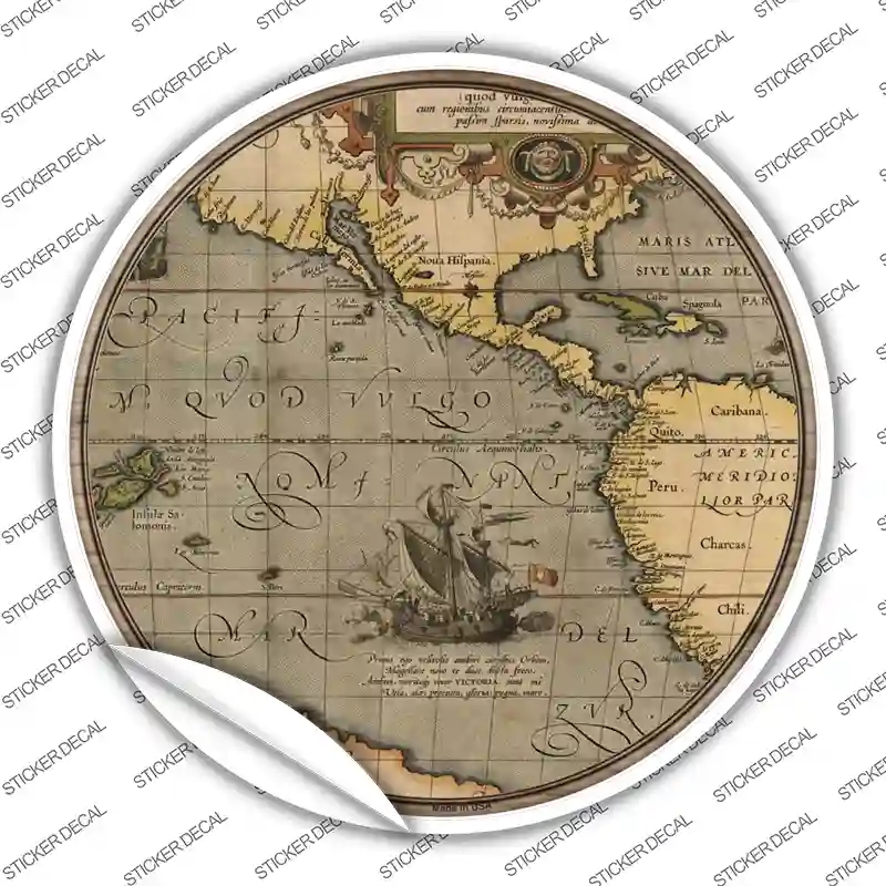 C-1615s-L Pacific Ocean Map Novelty Circle Sticker Decal, Large