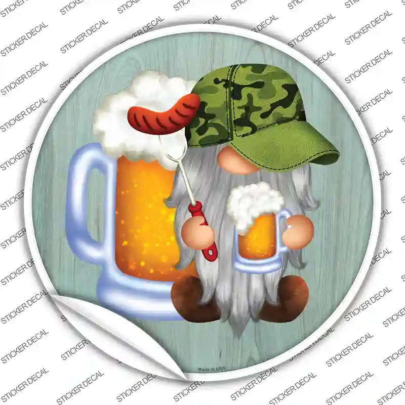 C-1758s-L Beer Camo Grilling Gnome Novelty Circle Sticker Decal, Large