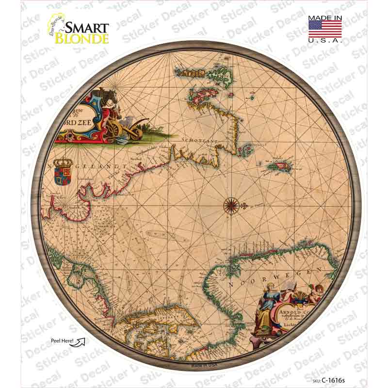 C-1616s-M North Sea Map Novelty Circle Sticker Decal, Medium