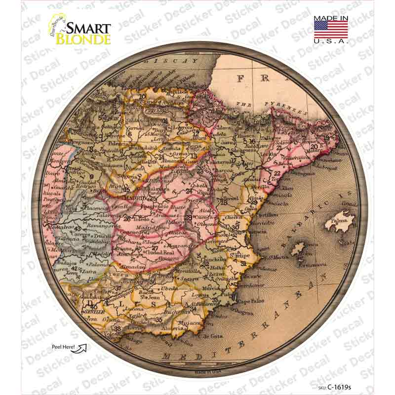 C-1619s-M Spain Map Novelty Circle Sticker Decal, Medium