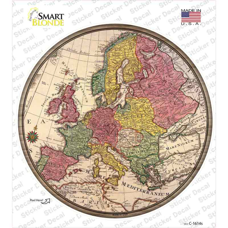 C-1614s-M Europe Map Novelty Circle Sticker Decal, Medium