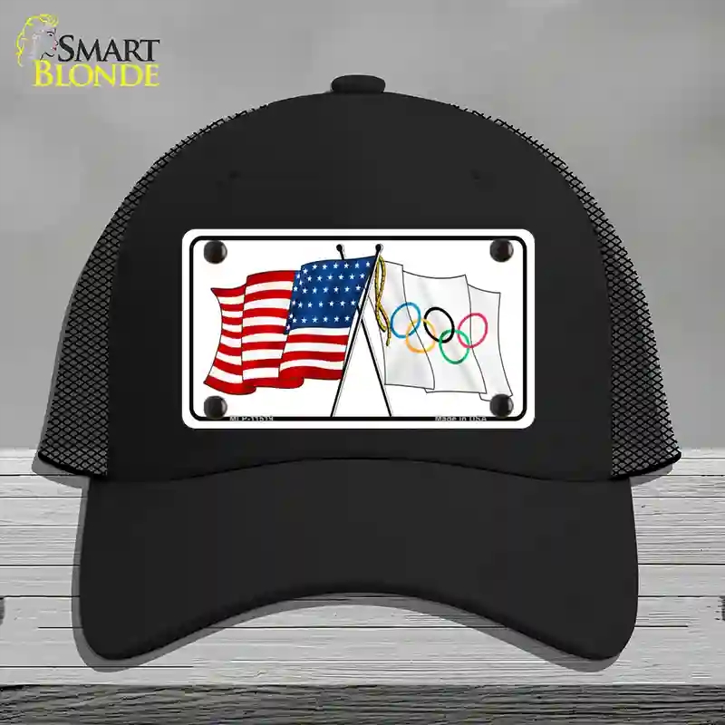 HAT01-MLP-11519 Olympic Crossed US Flag Novelty License Plate Hat, Mesh - Black