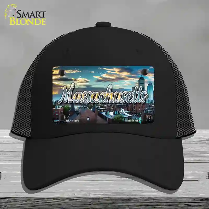 HAT01-MLP-11606 Massachusetts Sunset Skyline State Novelty License Plate Hat, Mesh - Black