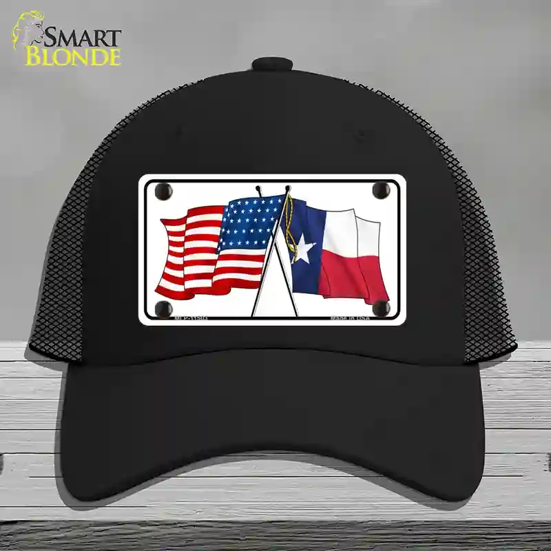HAT01-MLP-11503 Texas Crossed US Flag Novelty License Plate Hat, Mesh - Black