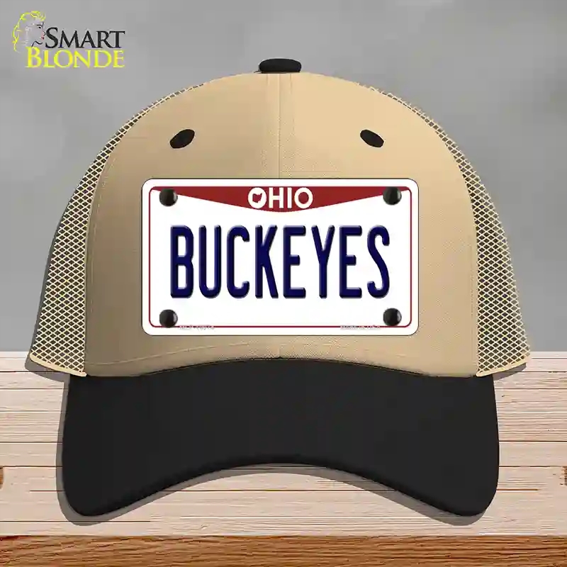 HAT02-MLP-10074 Buckeyes Ohio Novelty License Plate Hat, Mesh - Khaki & Black