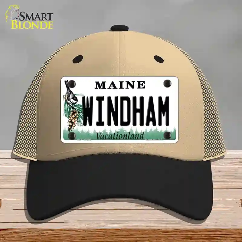 HAT02-MLP-10396 Windham Maine Novelty License Plate Hat, Mesh - Khaki & Black