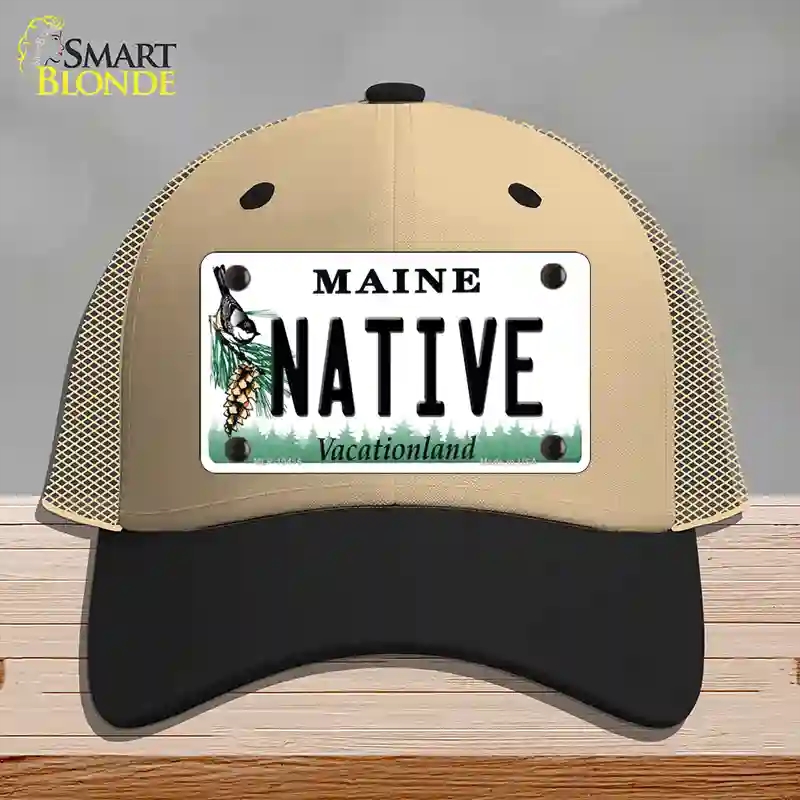 HAT02-MLP-10416 Native Maine Novelty License Plate Hat, Mesh - Khaki & Black