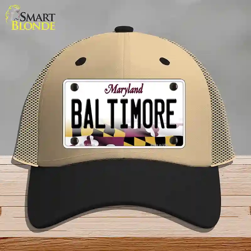 HAT02-MLP-10465 Baltimore Maryland Novelty License Plate Hat, Mesh - Khaki & Black