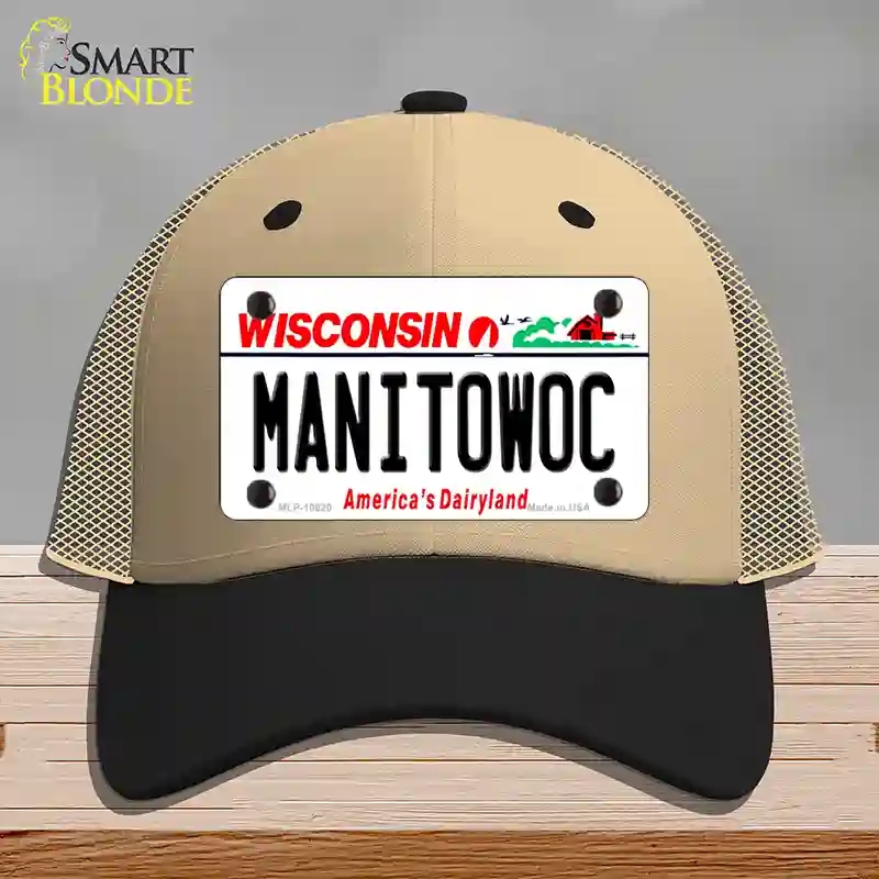 HAT02-MLP-10620 Manitowoc Wisconsin Novelty License Plate Hat, Mesh - Khaki & Black