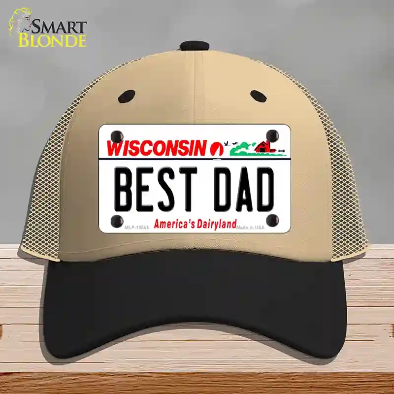 HAT02-MLP-10655 Best Dad Wisconsin Novelty License Plate Hat, Mesh - Khaki & Black