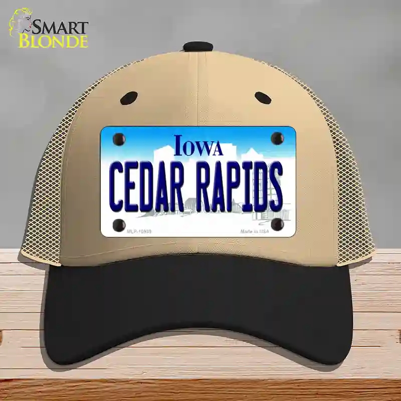 HAT02-MLP-10939 Cedar Rapids Iowa Novelty License Plate Hat, Mesh - Khaki & Black
