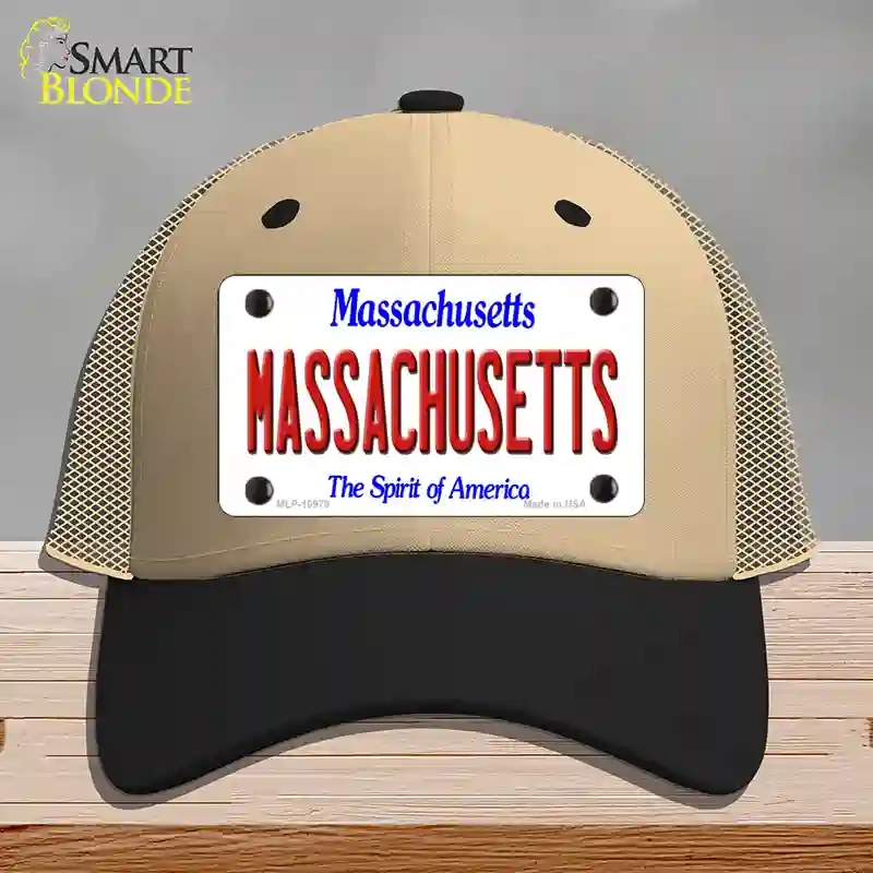 HAT02-MLP-10978 Massachusetts State Novelty License Plate Hat, Mesh - Khaki & Black