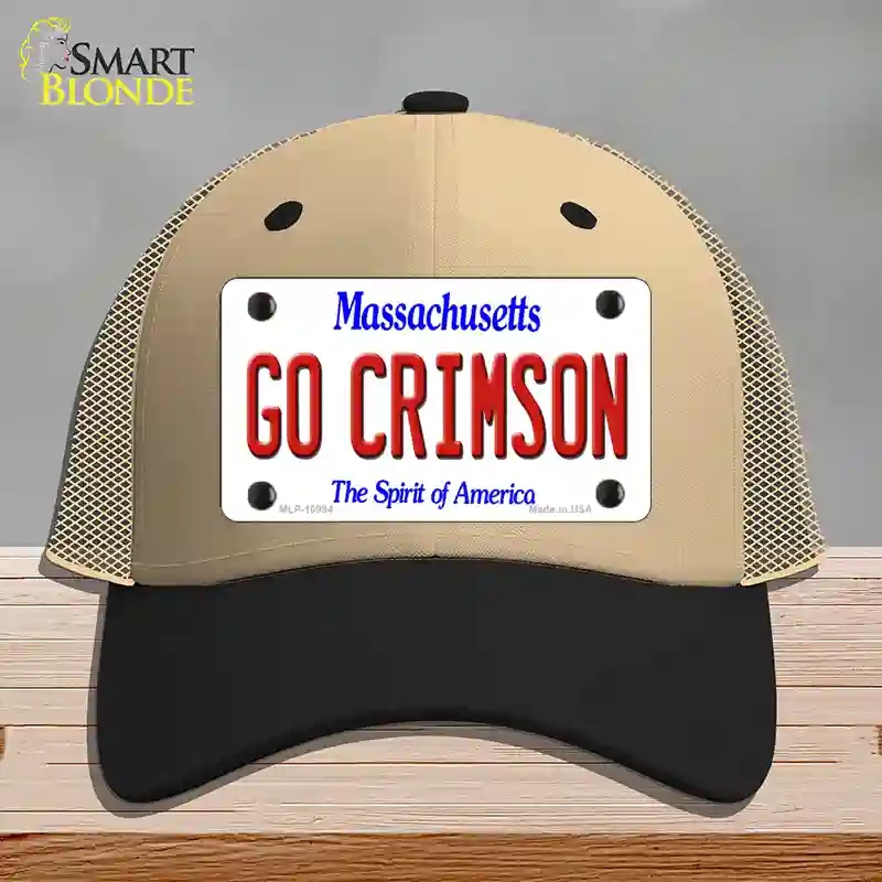 HAT02-MLP-10994 Go Crimson Massachusetts Novelty License Plate Hat, Mesh - Khaki & Black