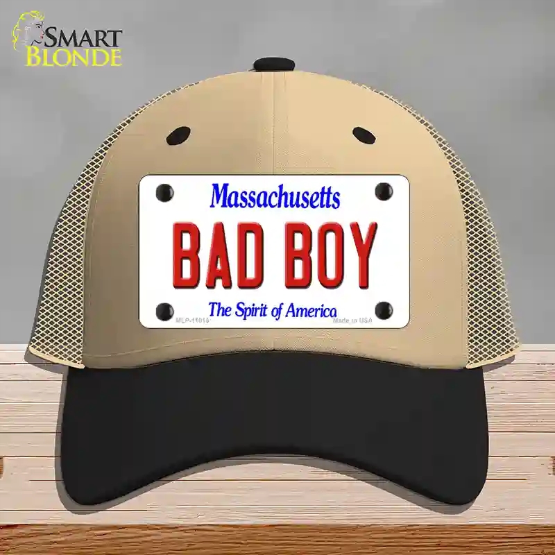 HAT02-MLP-11015 Bad Boy Massachusetts Novelty License Plate Hat, Mesh - Khaki & Black