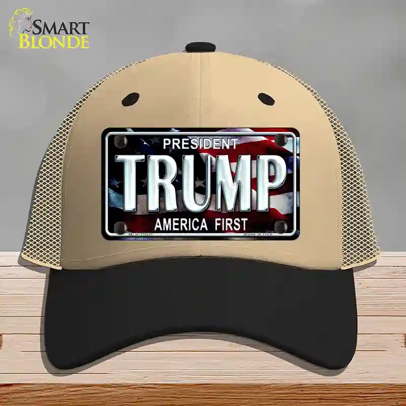HAT02-MLP-11031 Trump America First Novelty License Plate Hat, Mesh - Khaki & Black