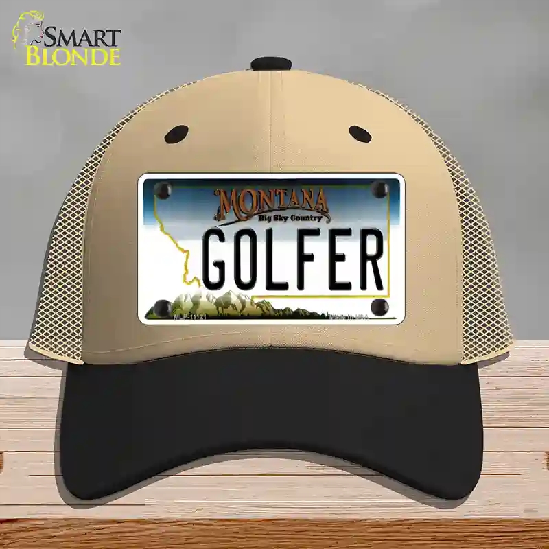 HAT02-MLP-11121 Golfer Montana State Novelty License Plate Hat, Mesh - Khaki & Black