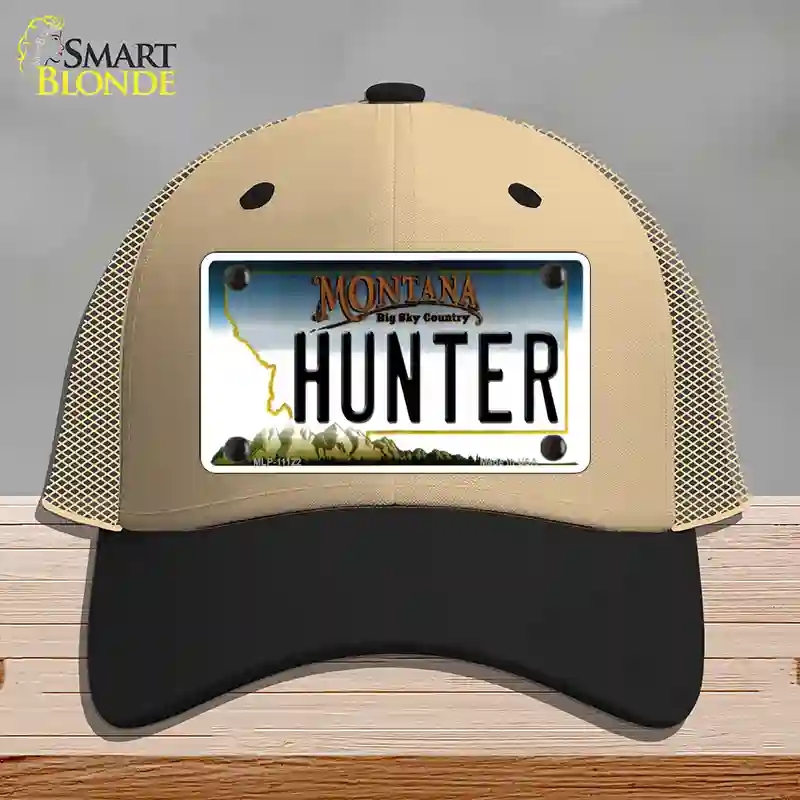 HAT02-MLP-11122 Hunter Montana State Novelty License Plate Hat, Mesh - Khaki & Black