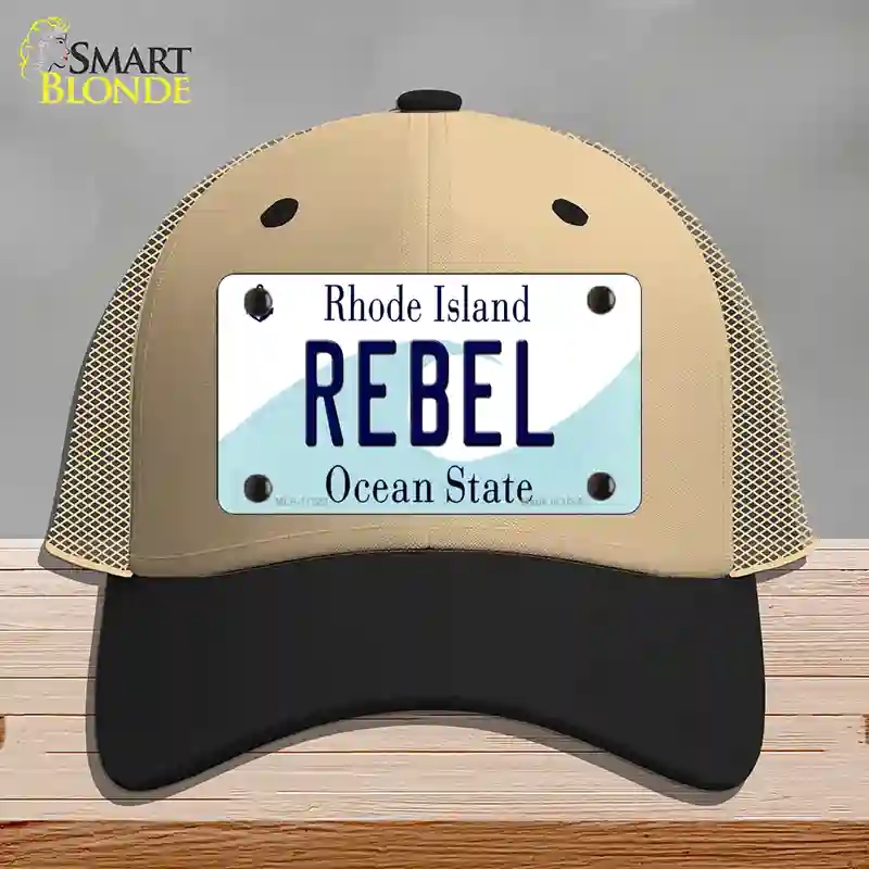 HAT02-MLP-11223 Rebel Rhode Island State Novelty License Plate Hat, Mesh - Khaki & Black