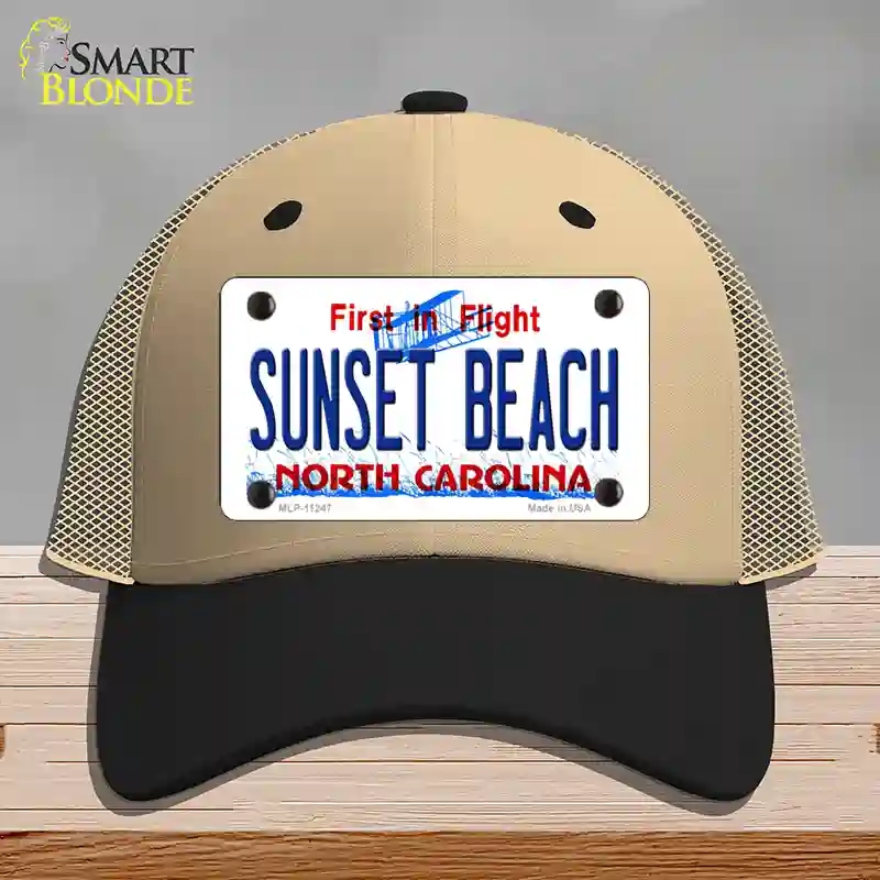 HAT02-MLP-11247 Sunset Beach North Carolina State Novelty License Plate Hat, Mesh - Khaki & Black