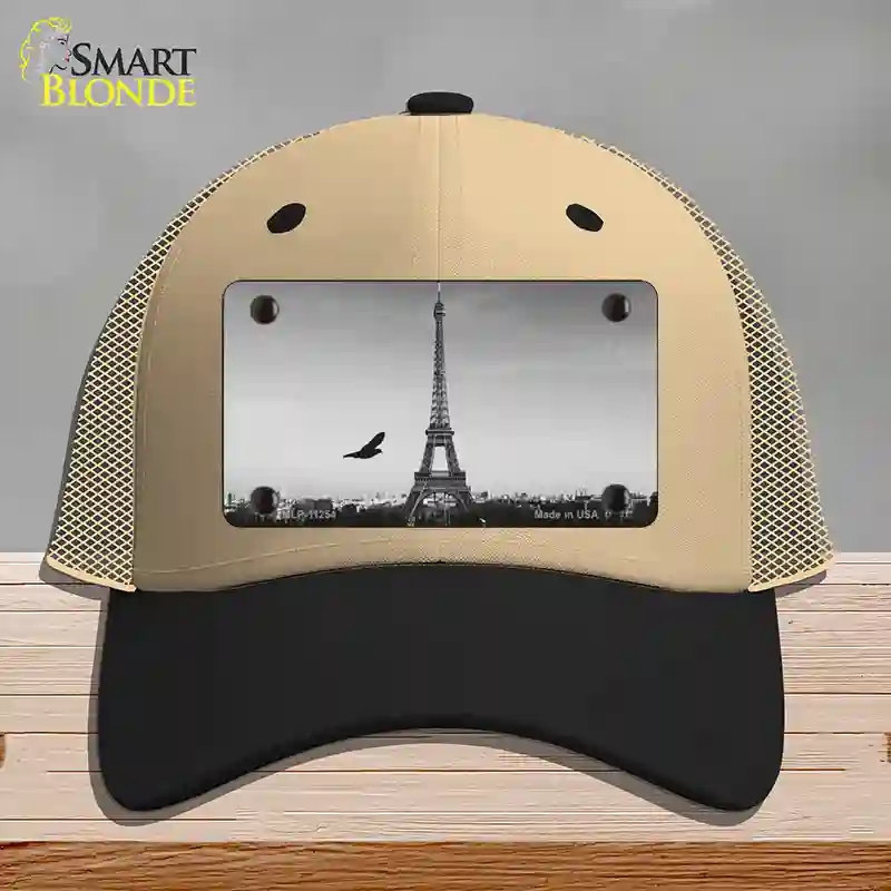 HAT02-MLP-11254 Eiffel Tower Black & White with Bird Novelty License Plate Hat, Mesh - Khaki & Black