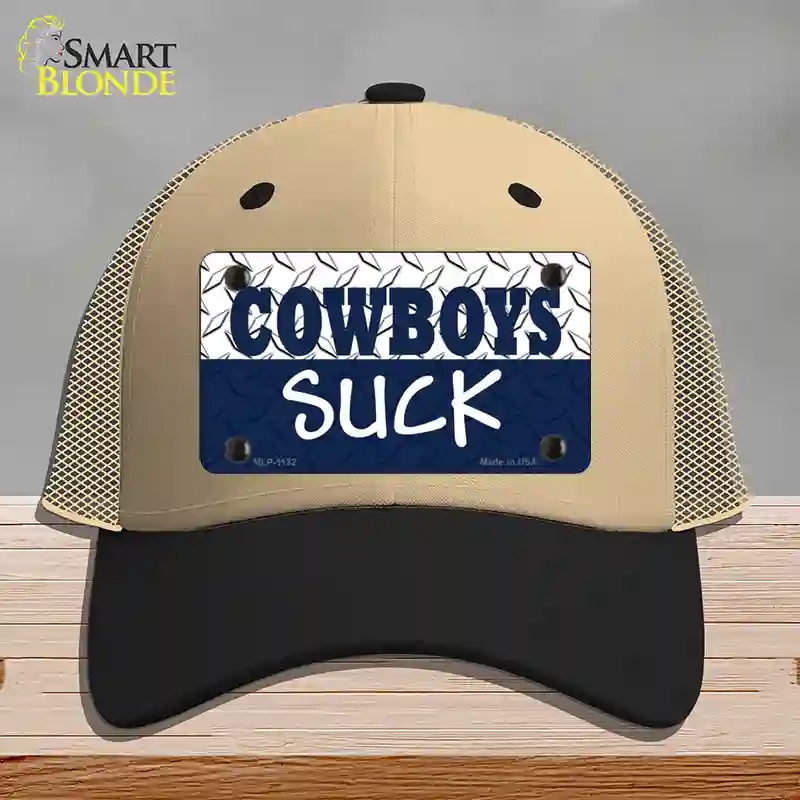 HAT02-MLP-1132 Cowboys Suck Novelty License Plate Hat, Mesh - Khaki & Black