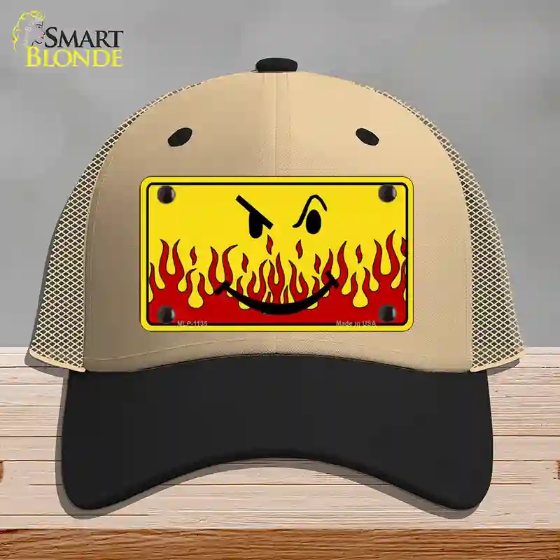 HAT02-MLP-1135 Smiley Flame Novelty License Plate Hat, Mesh - Khaki & Black