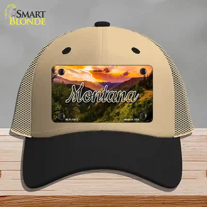 HAT02-MLP-11612 Montana Forest Sunset State Novelty License Plate Hat, Mesh - Khaki & Black
