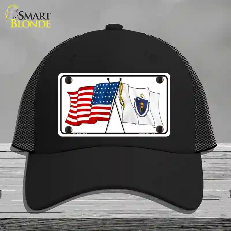 HAT01-MLP-11481 Massachusetts Crossed US Flag Novelty License Plate Hat, Mesh - Black