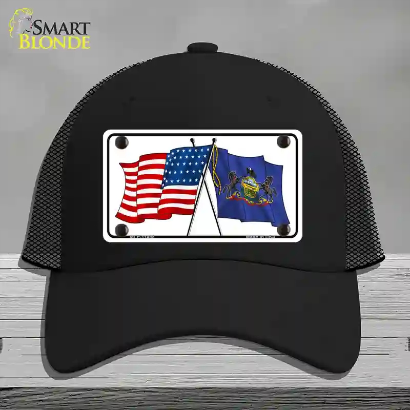 HAT01-MLP-11498 Pennsylvania Crossed US Flag Novelty License Plate Hat, Mesh - Black