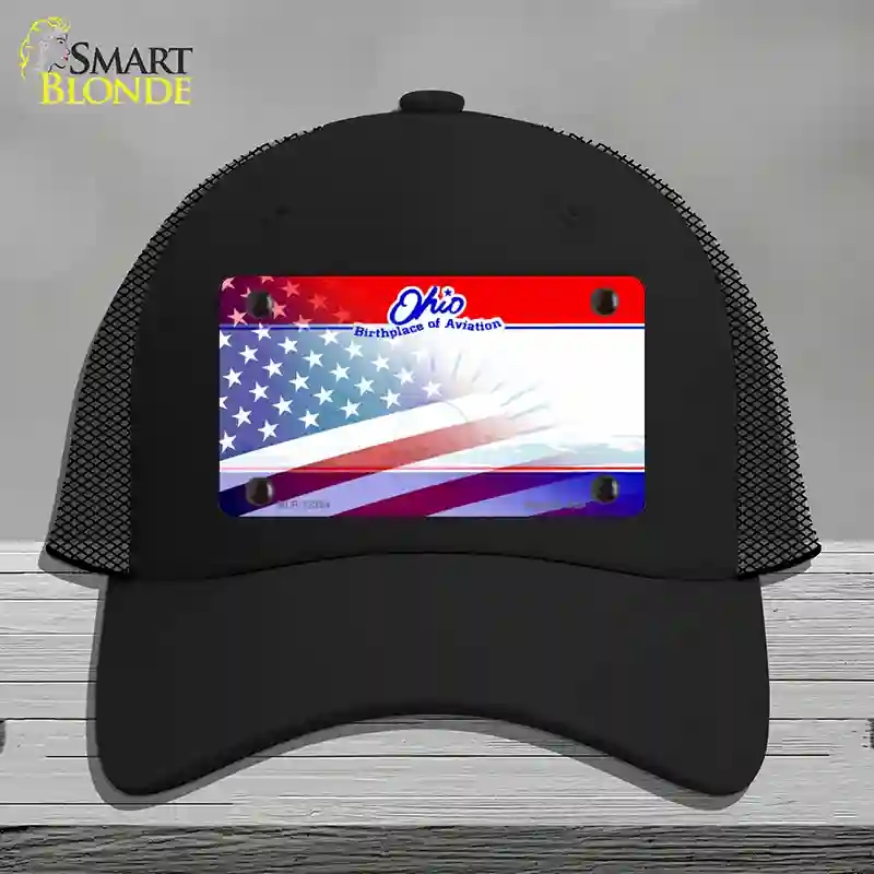 HAT01-MLP-12364 Ohio with American Flag Novelty License Plate Hat, Mesh - Black
