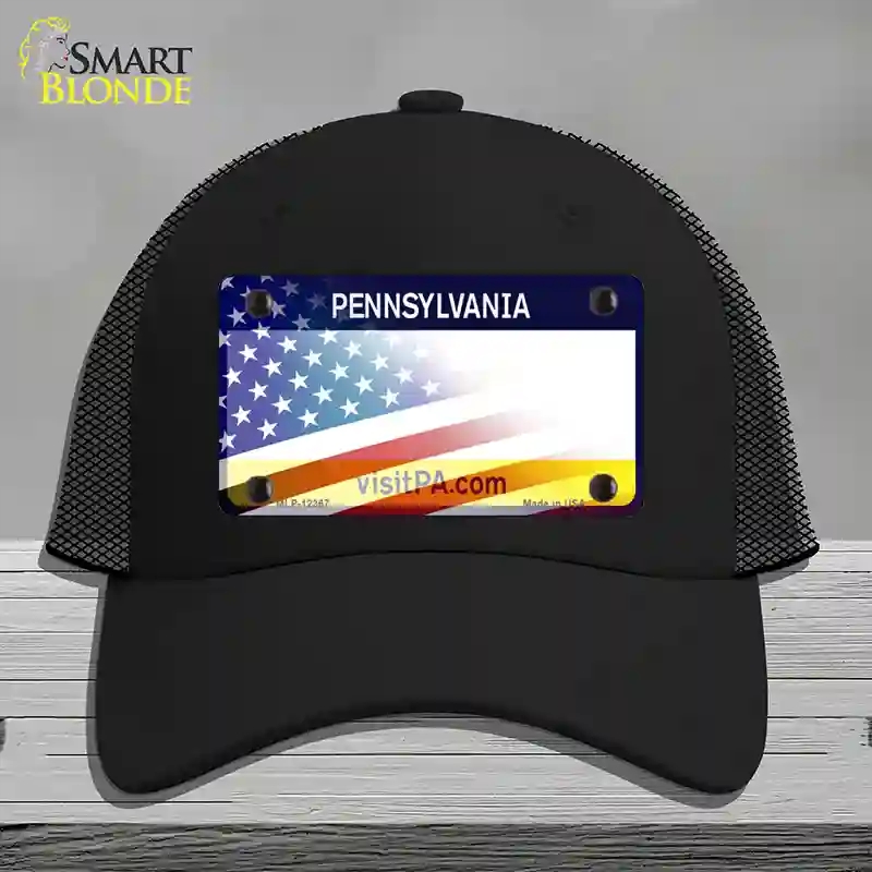 HAT01-MLP-12367 Pennsylvania with American Flag Novelty License Plate Hat, Mesh - Black