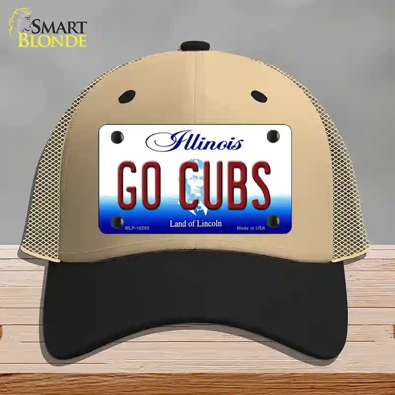 HAT02-MLP-10293 Go Cubs Illinois Novelty License Plate Hat, Mesh - Khaki & Black