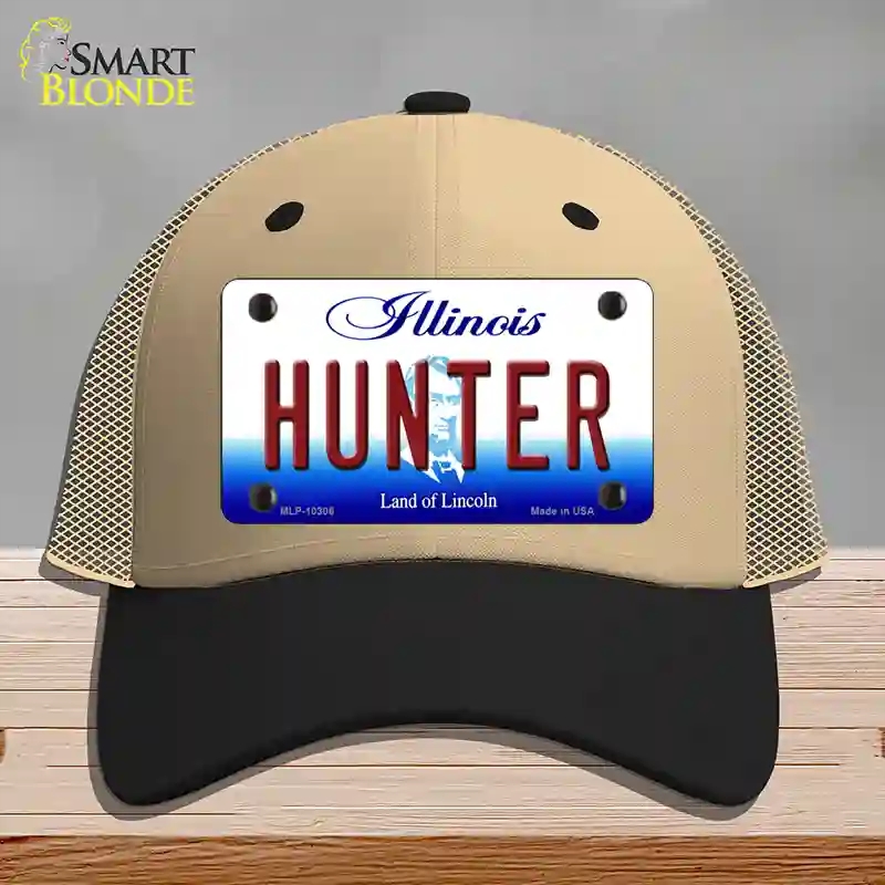 HAT02-MLP-10306 Hunter Illinois Novelty License Plate Hat, Mesh - Khaki & Black