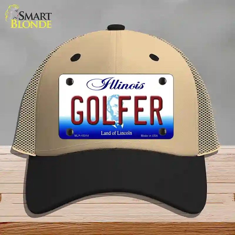 HAT02-MLP-10314 Golfer Illinois Novelty License Plate Hat, Mesh - Khaki & Black