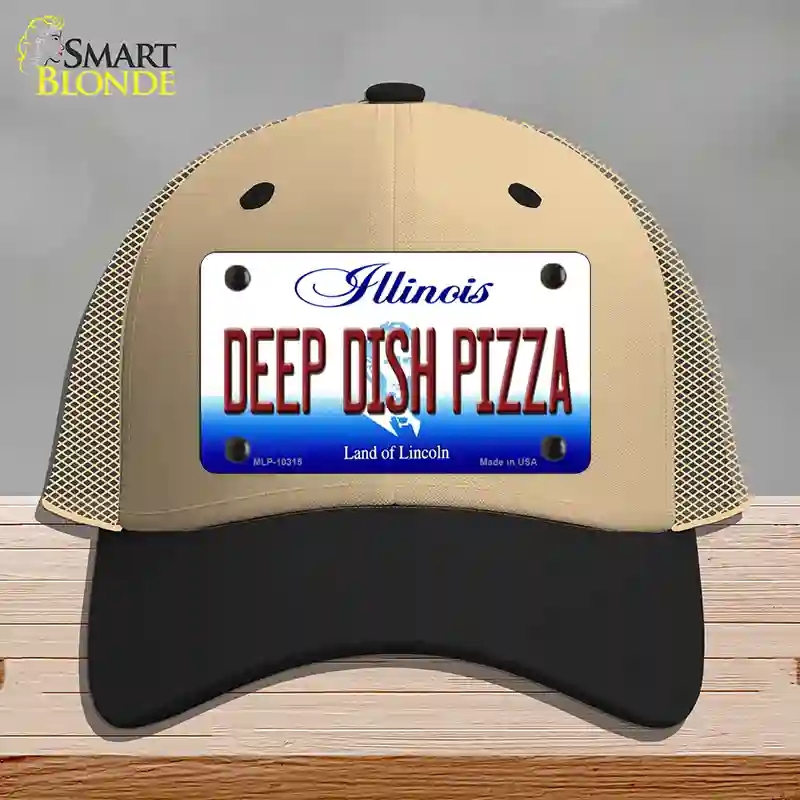 HAT02-MLP-10315 Deep Dish Pizza Illinois Novelty License Plate Hat, Mesh - Khaki & Black