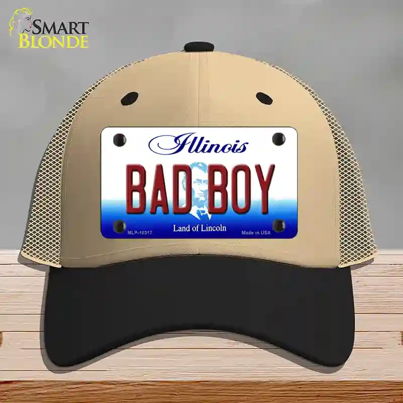 HAT02-MLP-10317 Bad Boy Illinois Novelty License Plate Hat, Mesh - Khaki & Black
