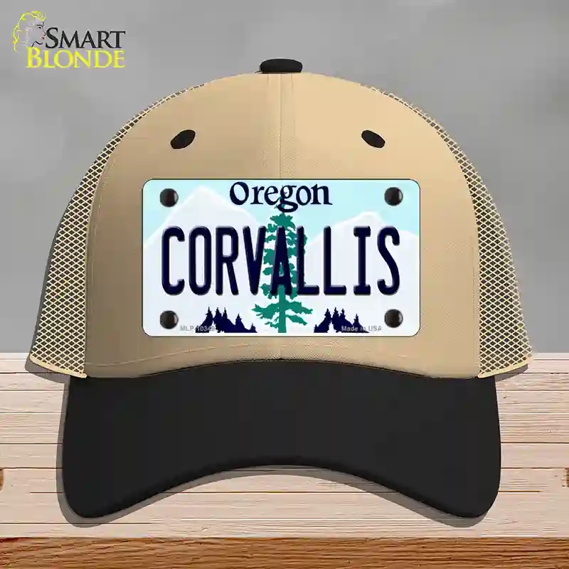 HAT02-MLP-10349 Corvallis Oregon Novelty License Plate Hat, Mesh - Khaki & Black