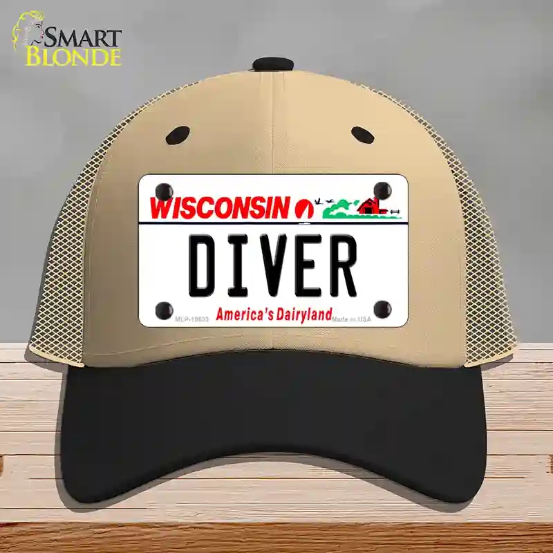 HAT02-MLP-10633 Diver Wisconsin Novelty License Plate Hat, Mesh - Khaki & Black