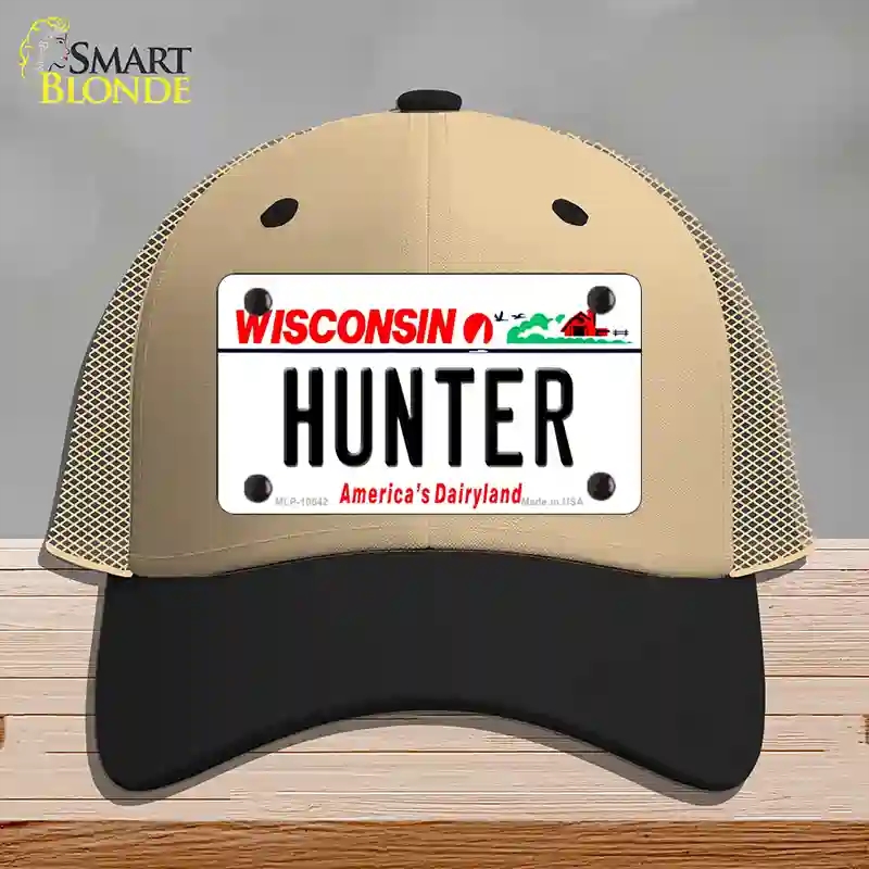 HAT02-MLP-10642 Hunter Wisconsin Novelty License Plate Hat, Mesh - Khaki & Black