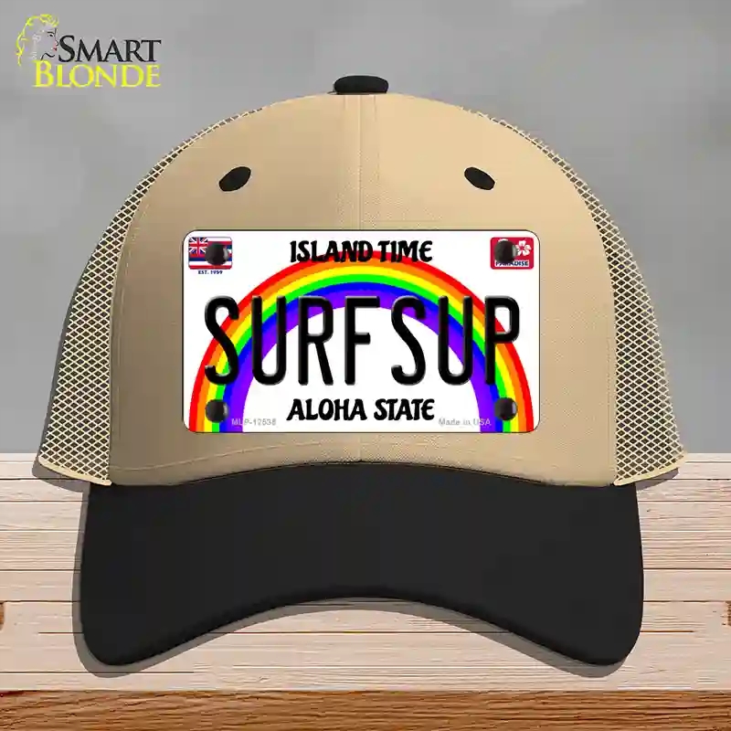 HAT02-MLP-12535 Surfsup Hawaii Novelty License Plate Hat, Mesh - Khaki & Black
