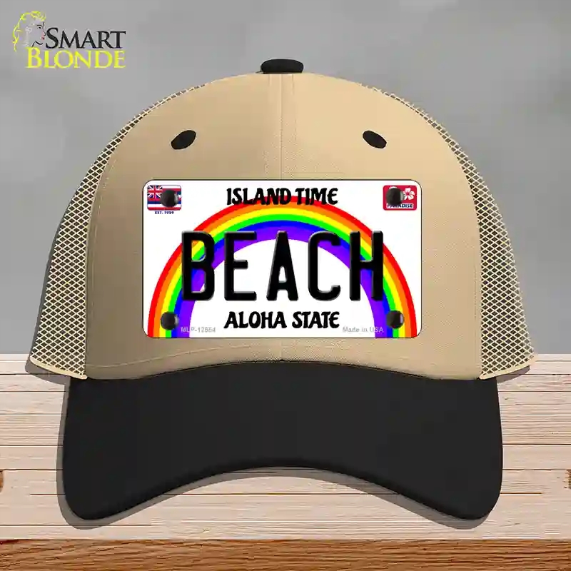 HAT02-MLP-12554 Beach Hawaii Novelty License Plate Hat, Mesh - Khaki & Black