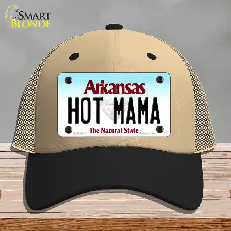 HAT02-MLP-10045 Hot Mama Arkansas Novelty License Plate Hat, Mesh - Khaki & Black