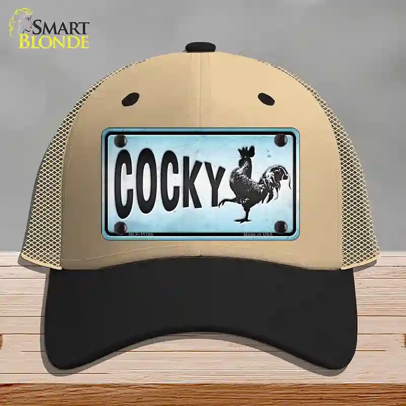 HAT02-MLP-11785 Cocky Chicken Novelty License Plate Hat, Mesh - Khaki & Black