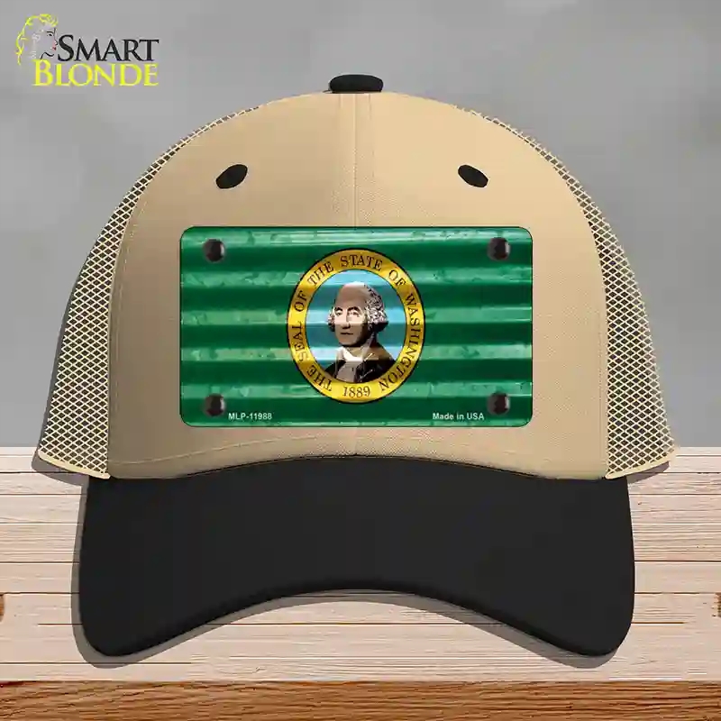HAT02-MLP-11988 Washington Corrugated Flag Novelty License Plate Hat, Mesh - Khaki & Black