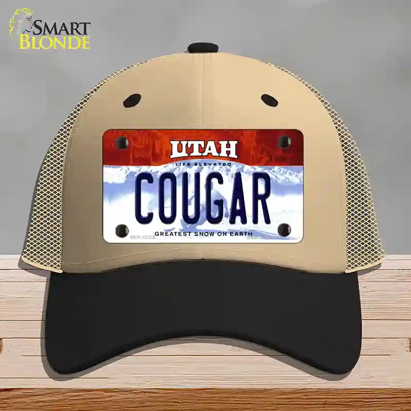 HAT02-MLP-10200 Cougar Utah Novelty License Plate Hat, Mesh - Khaki & Black