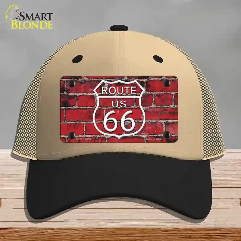 HAT02-MLP-11458 Route 66 Red Brick Wall Novelty License Plate Hat, Mesh - Khaki & Black
