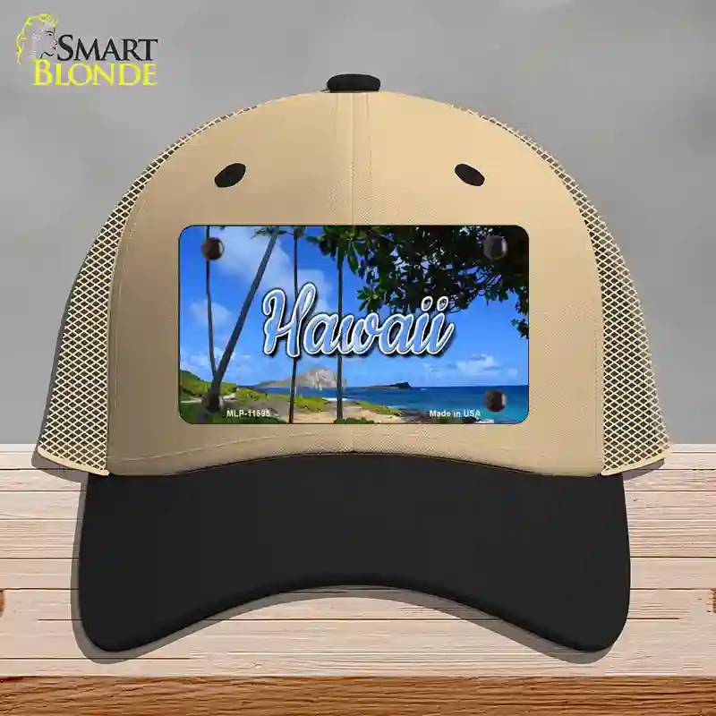 HAT02-MLP-11595 Hawaii Palm Trees State Novelty License Plate Hat, Mesh - Khaki & Black