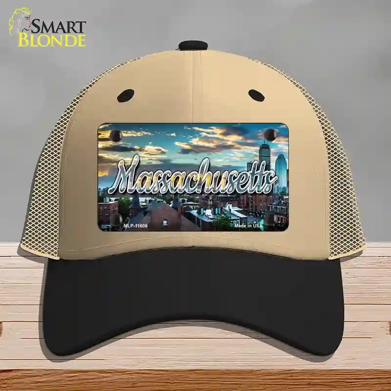 HAT02-MLP-11606 Massachusetts Sunset Skyline State Novelty License Plate Hat, Mesh - Khaki & Black